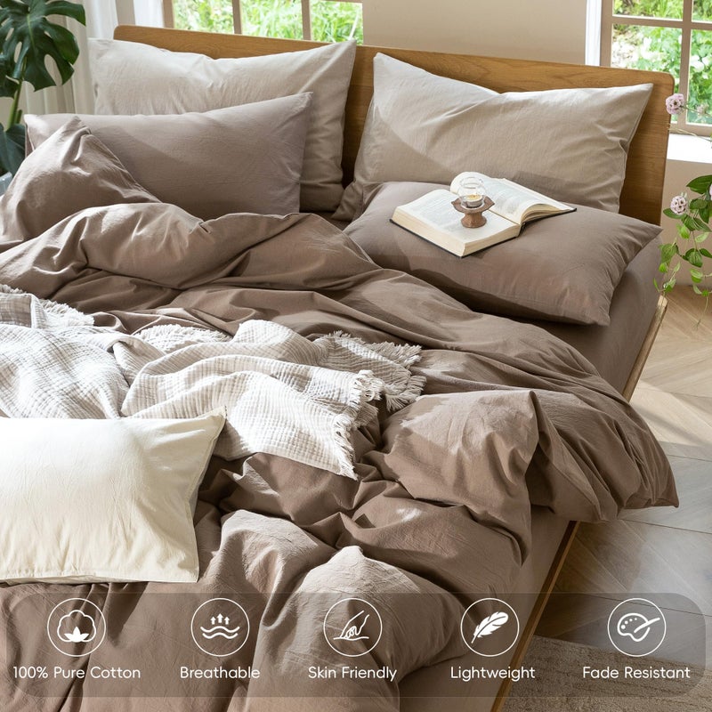 MooMee Bedding Duvet Cover Set 100% Washed Cotton Linen Like Textured Breathable Durable Soft Comfy (Solid Brown, Queen 90"x90") - Image 4