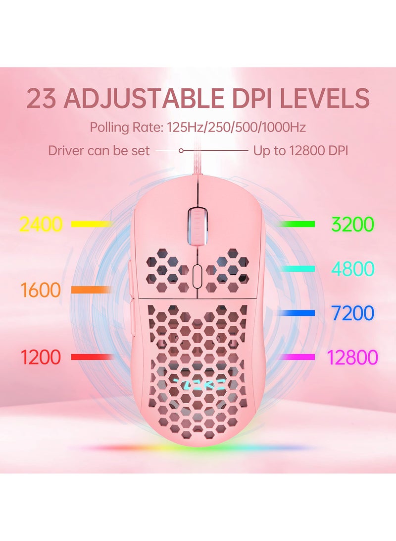 Wired Gaming Mouse with Honeycomb Shell, 12800DPI Optical Sensor, 6 Programmable Macros, Software Support for Custom Key Config, and RGB Settings for Windows 7/8/10/XP, Vista, Linux-Pink - Image 2