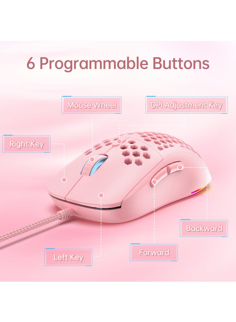 Wired Gaming Mouse with Honeycomb Shell, 12800DPI Optical Sensor, 6 Programmable Macros, Software Support for Custom Key Config, and RGB Settings for Windows 7/8/10/XP, Vista, Linux-Pink - Image 4