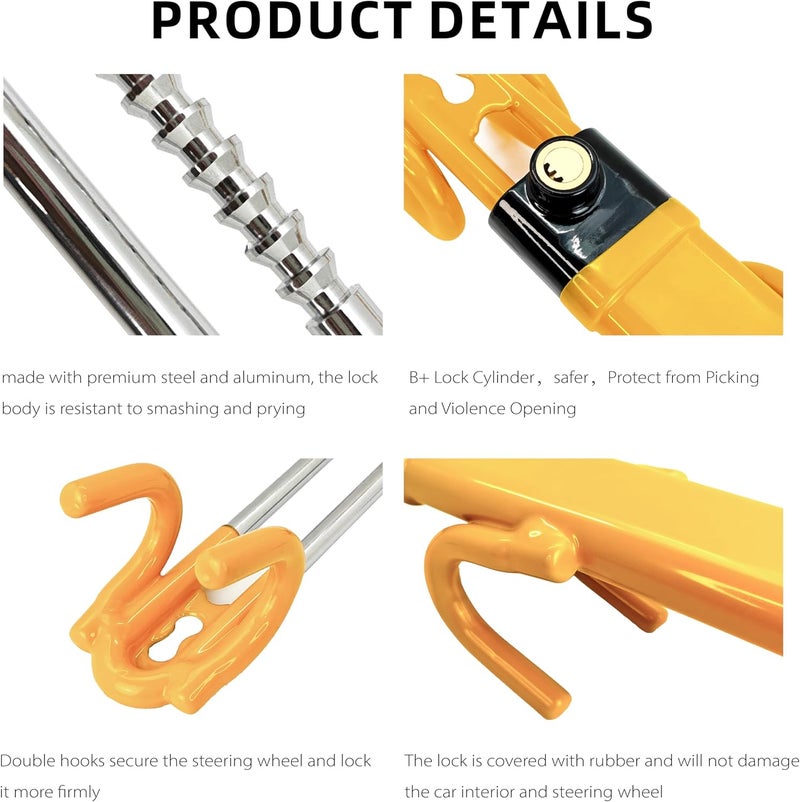 KNFRXO Universal Adjustable Steering Wheel Lock - Anti-Theft Device for Cars, SUVs, and Vans (Yellow) - Image 2