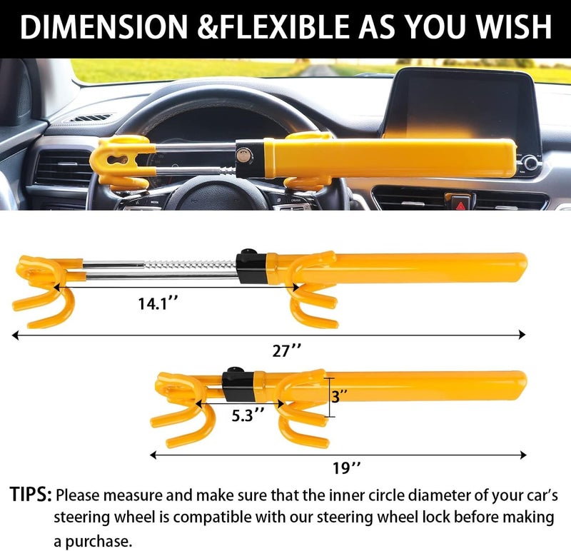 KNFRXO Universal Adjustable Steering Wheel Lock - Anti-Theft Device for Cars, SUVs, and Vans (Yellow) - Image 3