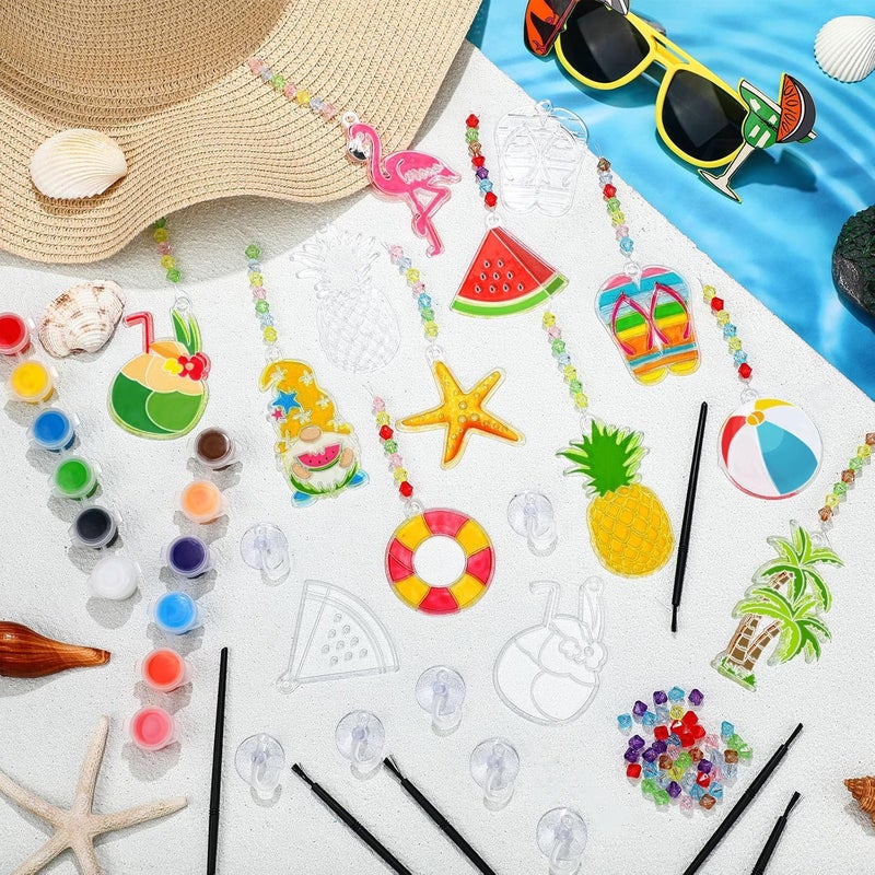 ياومياو Yaomiao 30 Sets Summer Suncatchers Window Art Kits DIY Flamingo Coconut Watermelon Swim Ring Suncatcher Craft Bulk Paint Your Own Window Ornaments for Home Class Birthday Party Favor Gift - Image 2