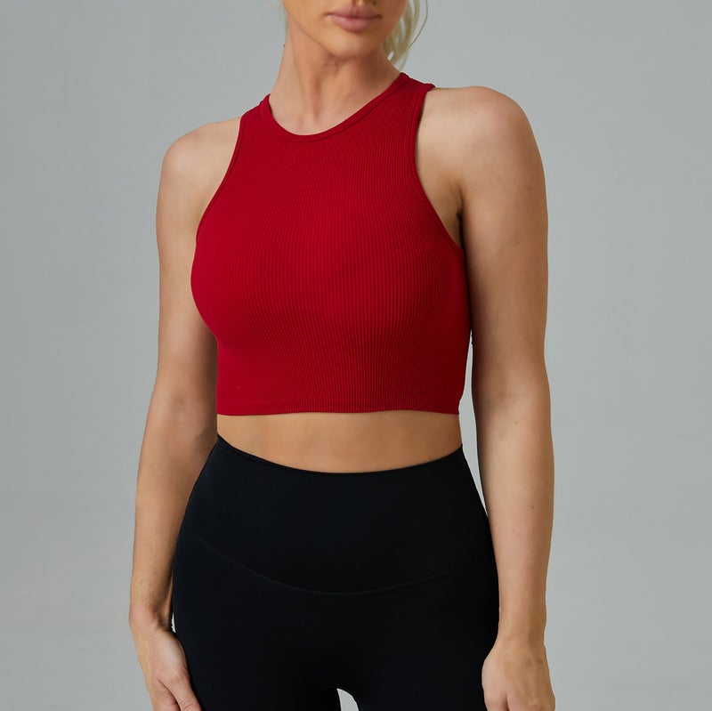 Generic Summer Womens Yoga Top Quick Dry Fitness Running Sport Shirt Vertical Stripe Screw Threadvest Lightweight Sports Wear Red 