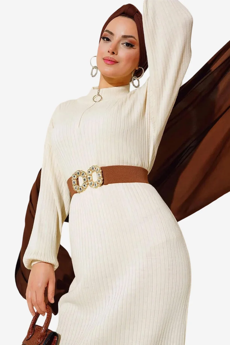 Big Dart Cream Natural BDART Maxi Turtleneck Ribbed Knit Dress for Women | Best Price UAE
