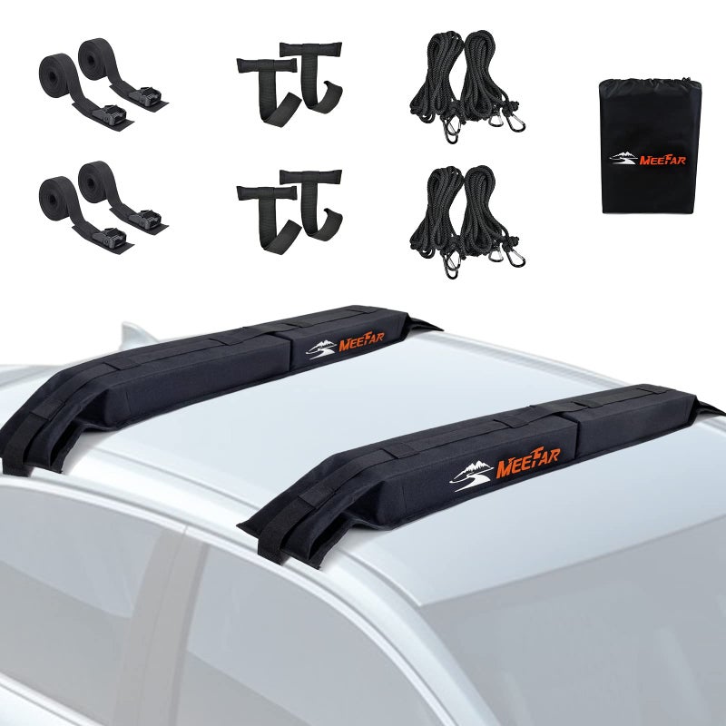 MeeFar Universal Car Soft Roof Rack Pads Luggage Carrier System for Kayak Surfboard SUP Canoe Include 2 Heavy Duty Tie Down Straps, 4 Tie Down Rope, 4 Quick Loop Strap and Storage Bag - Image 1