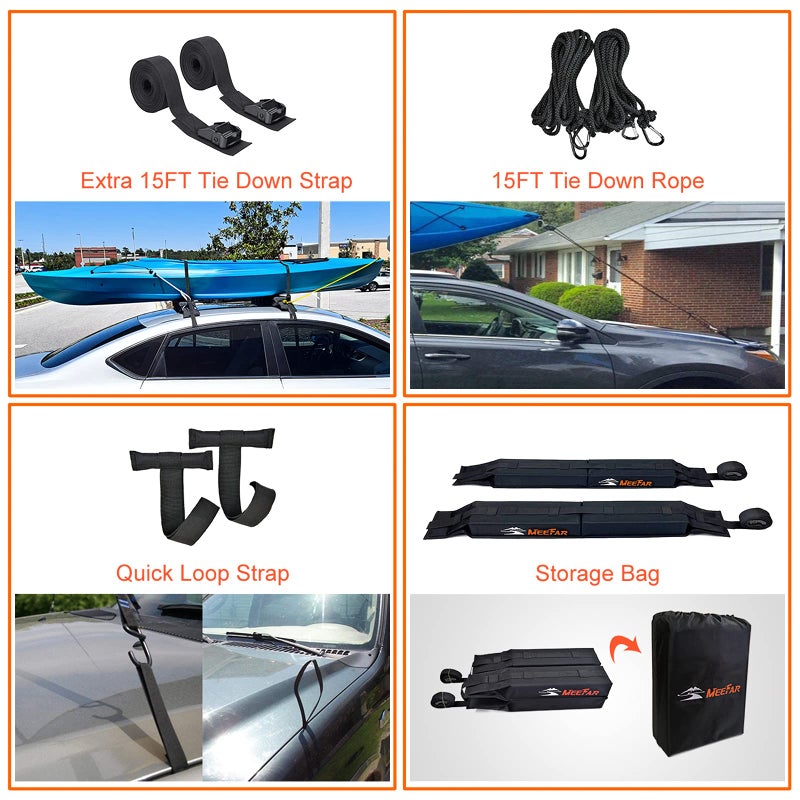 MeeFar Universal Car Soft Roof Rack Pads Luggage Carrier System for Kayak Surfboard SUP Canoe Include 2 Heavy Duty Tie Down Straps, 4 Tie Down Rope, 4 Quick Loop Strap and Storage Bag - Image 4
