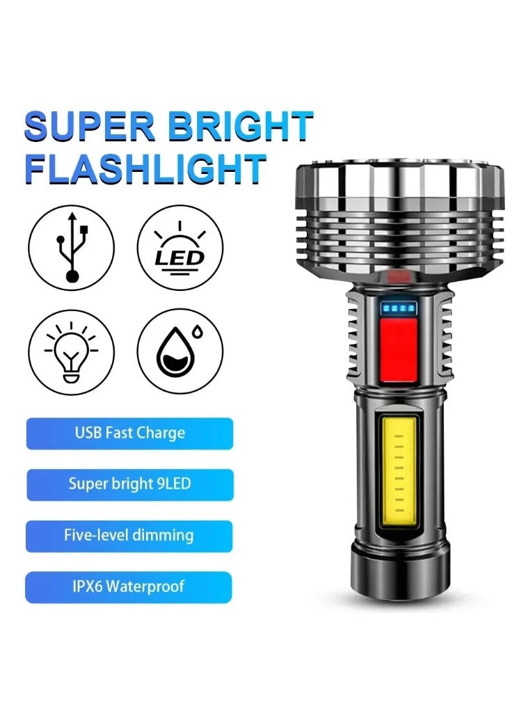 Forthcan 9-Core LED Rechargeable Flashlight, Powerful Long-Range Torch with Side Light, Waterproof Multi-Function Light for Outdoor, Emergency, Cycling, Patrol - Image 3