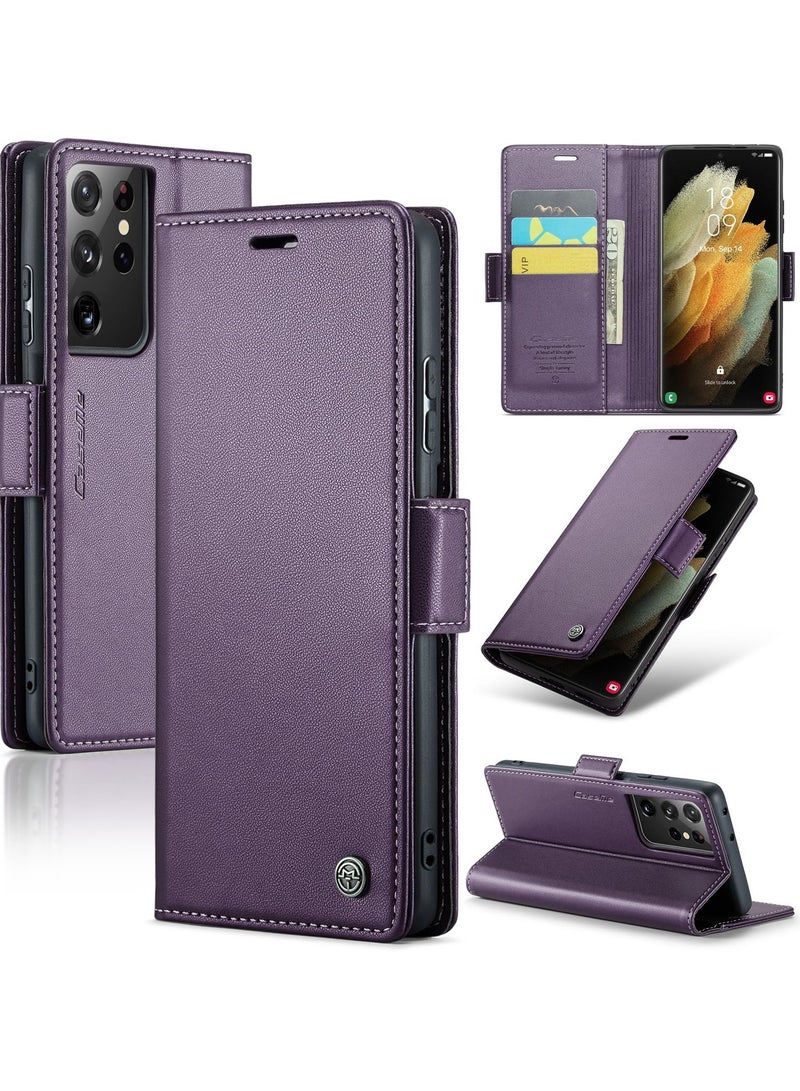 CaseMe Phone Case Luxury PU Leather Design Anti Fingerprint 023 Flip Cover Card Slot Holder Cover For Samsung Galaxy S21 Ultra (Purple) - Image 1