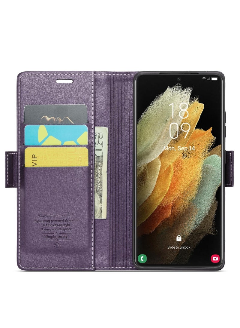 CaseMe Phone Case Luxury PU Leather Design Anti Fingerprint 023 Flip Cover Card Slot Holder Cover For Samsung Galaxy S21 Ultra (Purple) - Image 4