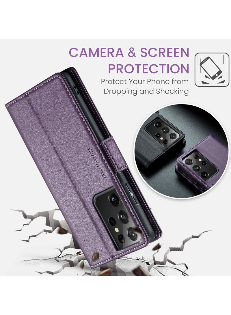 CaseMe Phone Case Luxury PU Leather Design Anti Fingerprint 023 Flip Cover Card Slot Holder Cover For Samsung Galaxy S21 Ultra (Purple) - Image 2