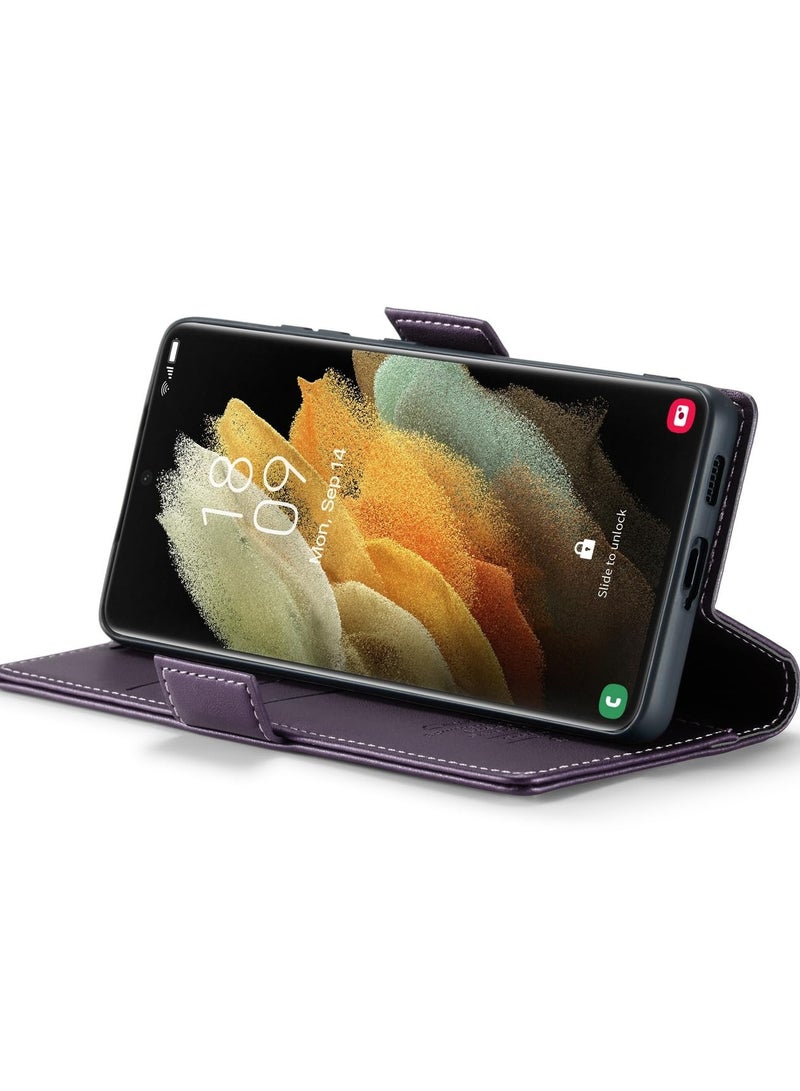 CaseMe Phone Case Luxury PU Leather Design Anti Fingerprint 023 Flip Cover Card Slot Holder Cover For Samsung Galaxy S21 Ultra (Purple) - Image 3