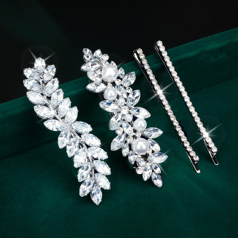 WHAVEL Hair Clips, 4Pcs Rhinestone Hair Pins for Women, Silver Bridal Barrettes, Wedding Hair Accessories for Bride Bridesmaid - Image 1