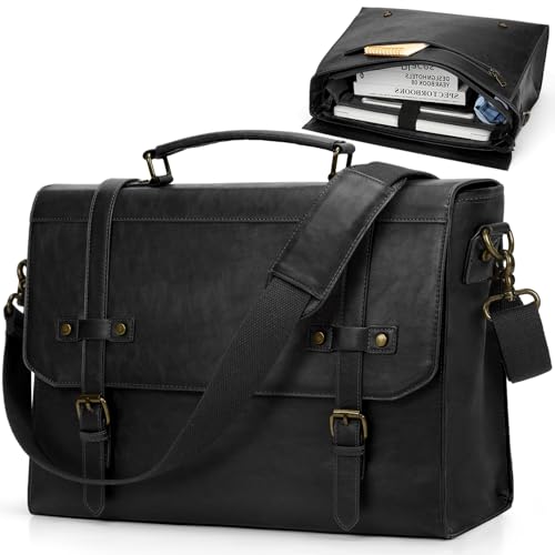 RAINSMORE Mens Messenger Bag 17 Inch Waterproof Vintage Leather Laptop Briefcase Large Laptop Bag Satchel Bag Computer Shoulder Bag for Office Business Travel College,Brown - Image 1