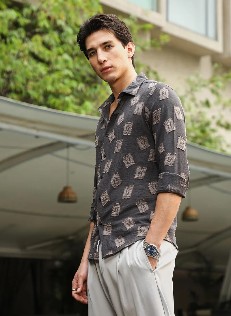 Campus Sutra Campus Sutra Men's Charcoal Grey Folk-Block Jacquard Shirt | Spread Collar , Long  Cuffed Sleeves , Button Closure | Geometric Jacquard | Nylon Viscose Shirt For Casual Wear