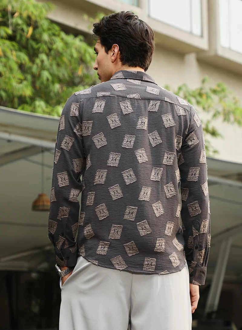Campus Sutra Campus Sutra Men's Charcoal Grey Folk-Block Jacquard Shirt | Spread Collar , Long  Cuffed Sleeves , Button Closure | Geometric Jacquard | Nylon Viscose Shirt For Casual Wear