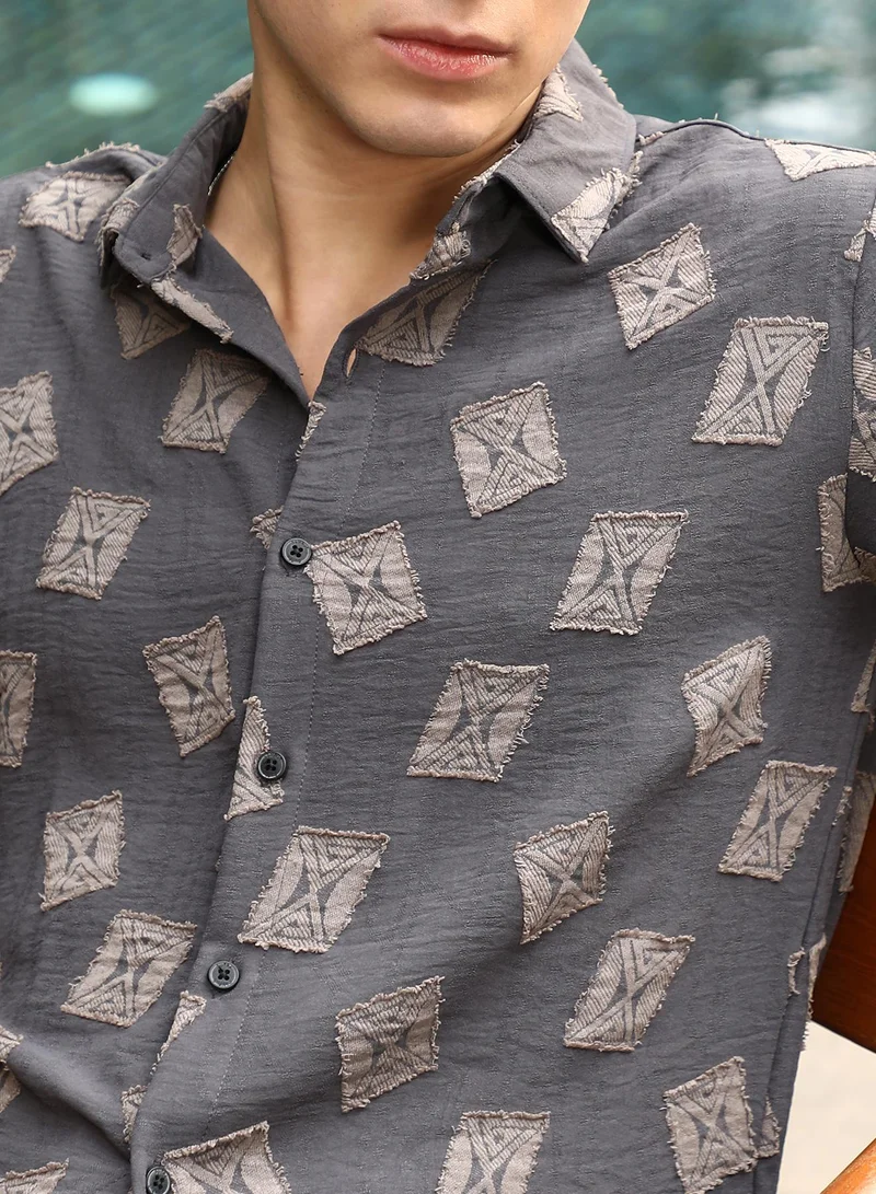 Campus Sutra Campus Sutra Men's Charcoal Grey Folk-Block Jacquard Shirt | Spread Collar , Long  Cuffed Sleeves , Button Closure | Geometric Jacquard | Nylon Viscose Shirt For Casual Wear