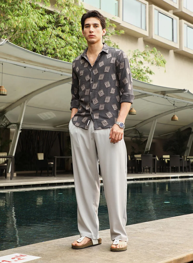 Campus Sutra Campus Sutra Men's Charcoal Grey Folk-Block Jacquard Shirt | Spread Collar , Long  Cuffed Sleeves , Button Closure | Geometric Jacquard | Nylon Viscose Shirt For Casual Wear