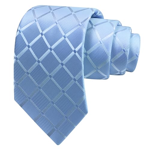 GUSLESON Baby Blue Mens Plaid Checkered Wedding Necktie Pocket Square Cufflinks and Lapel Pin Brooch Set (IN6104-06) - Image 3