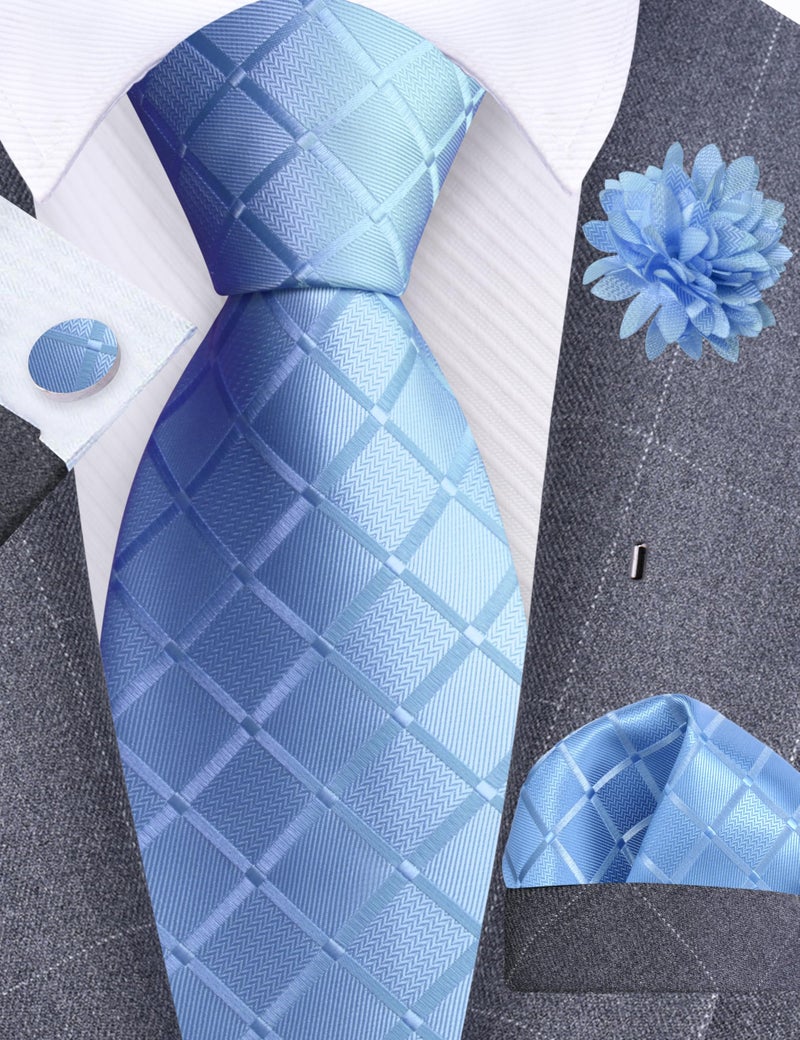 GUSLESON Baby Blue Mens Plaid Checkered Wedding Necktie Pocket Square Cufflinks and Lapel Pin Brooch Set (IN6104-06) - Image 2