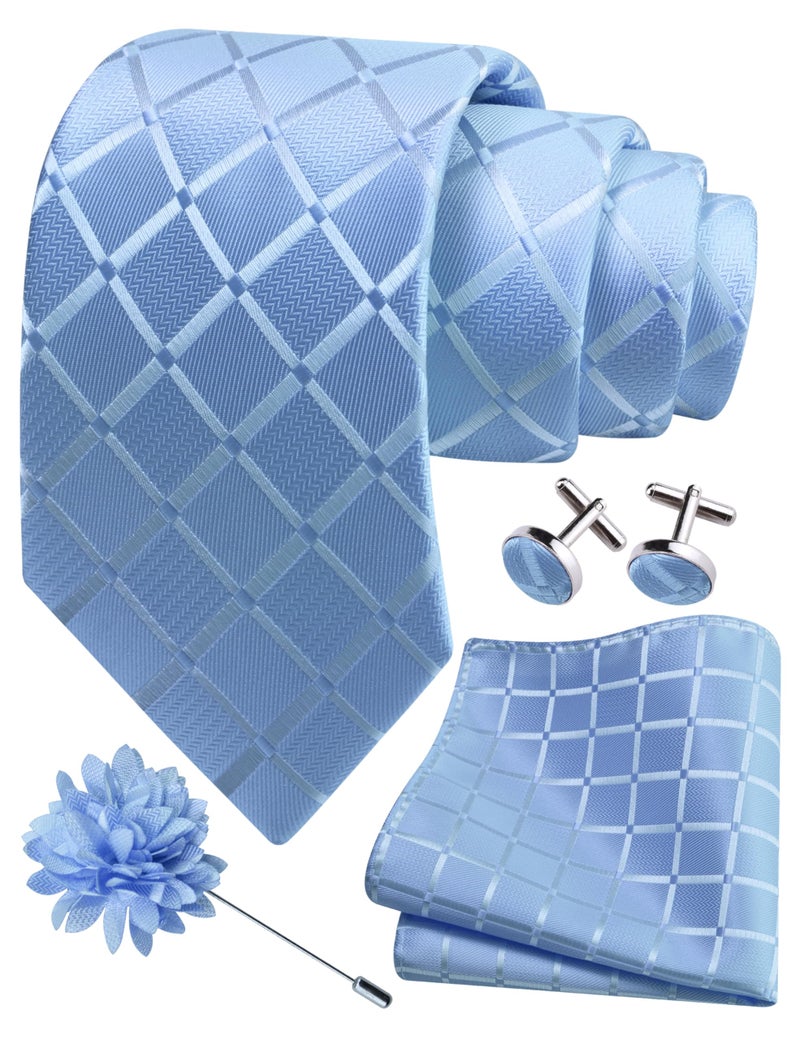 GUSLESON Baby Blue Mens Plaid Checkered Wedding Necktie Pocket Square Cufflinks and Lapel Pin Brooch Set (IN6104-06) - Image 1