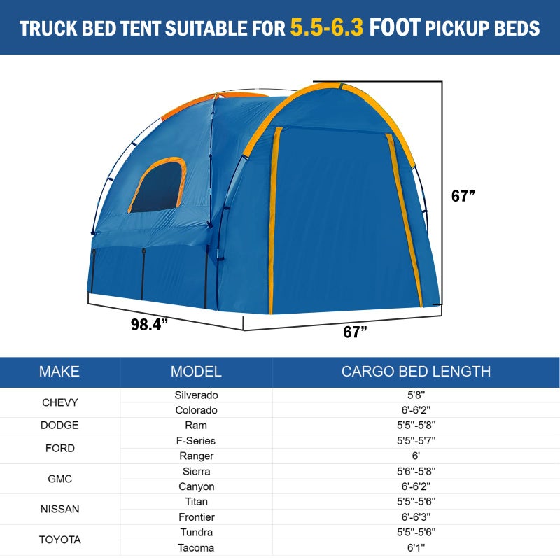 Qualencey Pickup Truck Tent with Awning Shade,Waterproof PU5000mm Oxford for 5.5-6.3 FT Truck Bed for Camping Travel Outdoor Activities for Chevy Silverado 1500,Ram 1500/Dakota,F150,GMC 1500,Titan,Tundra (blue) - Image 2