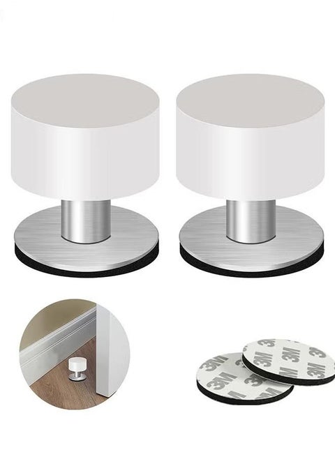2 Pack Door Stoppers Stop, Self-Adhesive Door Stops with Black Rubber Bumper & Stainless Steel Body, Heavy Duty Door Knob Wall Protector Sound Dampening for Home & Office Use, white