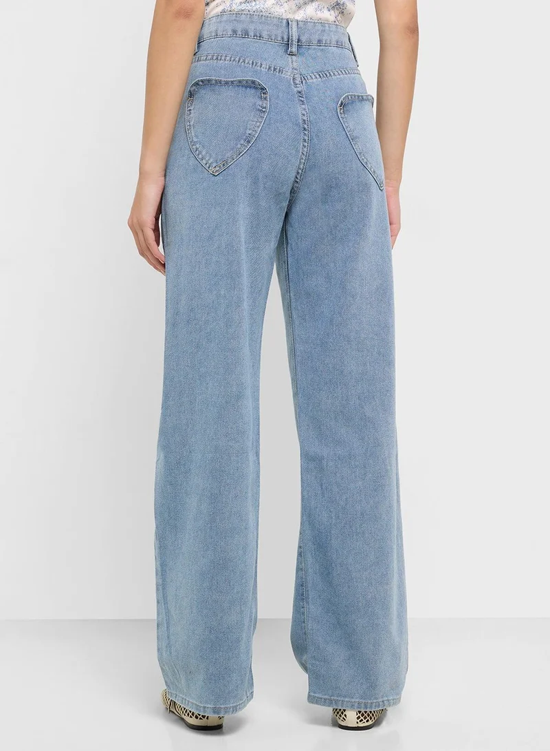 Ginger BLUE High Rise Straight Fit Jeans With Heart Pocket for Women | Best Price UAE