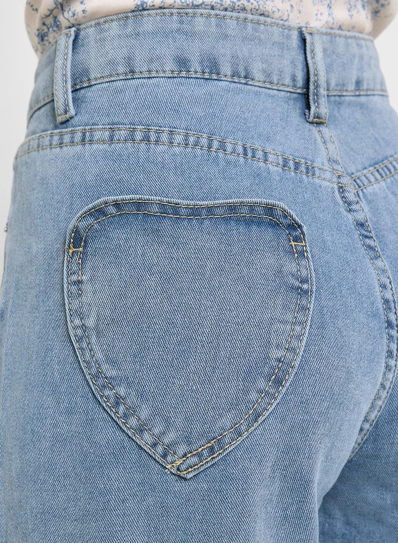 Ginger BLUE High Rise Straight Fit Jeans With Heart Pocket for Women | Best Price UAE