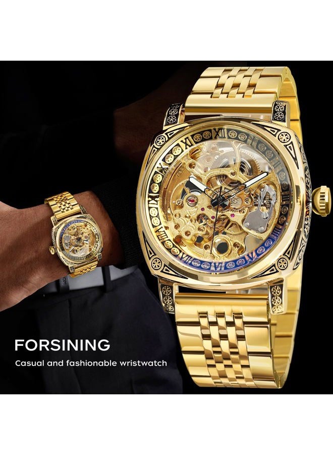 FORSINING Watches for Man, Square Retro Mechanical Watch Self-Wind Carved, Skeleton Automatic Watches Vintage Leather Strap Wristwatch, Yellow-LL - Image 2