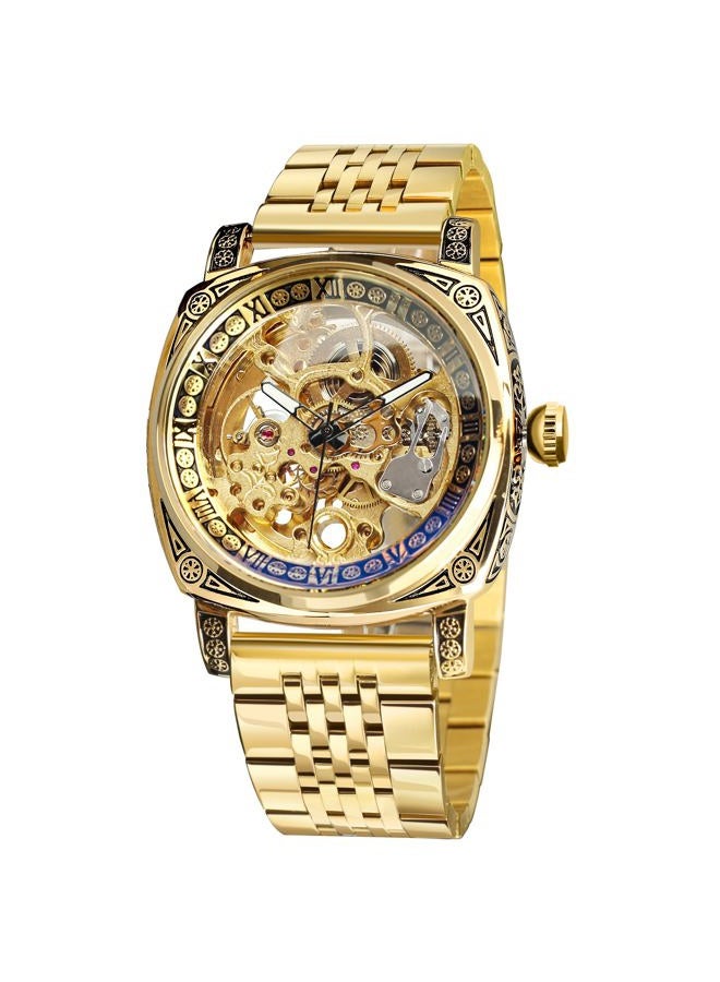 FORSINING Watches for Man, Square Retro Mechanical Watch Self-Wind Carved, Skeleton Automatic Watches Vintage Leather Strap Wristwatch, Yellow-LL - Image 1