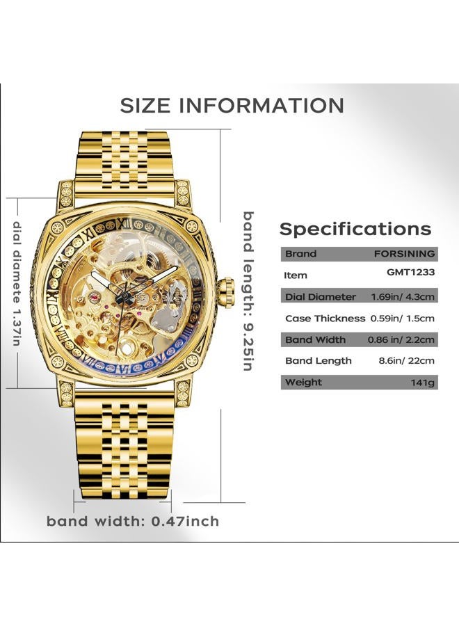 FORSINING Watches for Man, Square Retro Mechanical Watch Self-Wind Carved, Skeleton Automatic Watches Vintage Leather Strap Wristwatch, Yellow-LL - Image 5