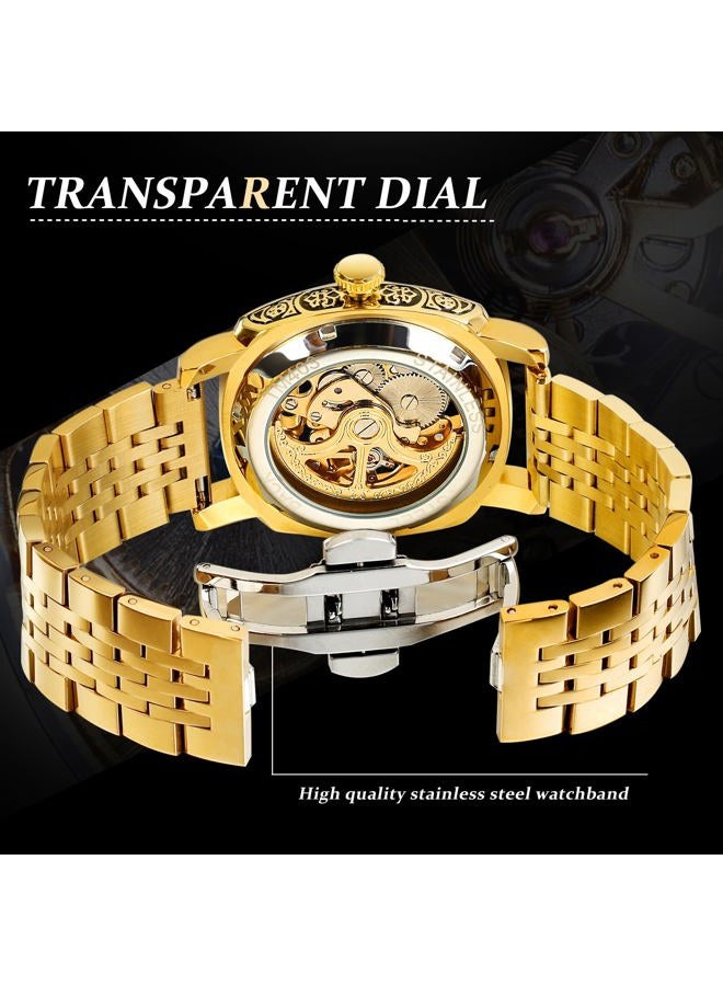 FORSINING Watches for Man, Square Retro Mechanical Watch Self-Wind Carved, Skeleton Automatic Watches Vintage Leather Strap Wristwatch, Yellow-LL - Image 4