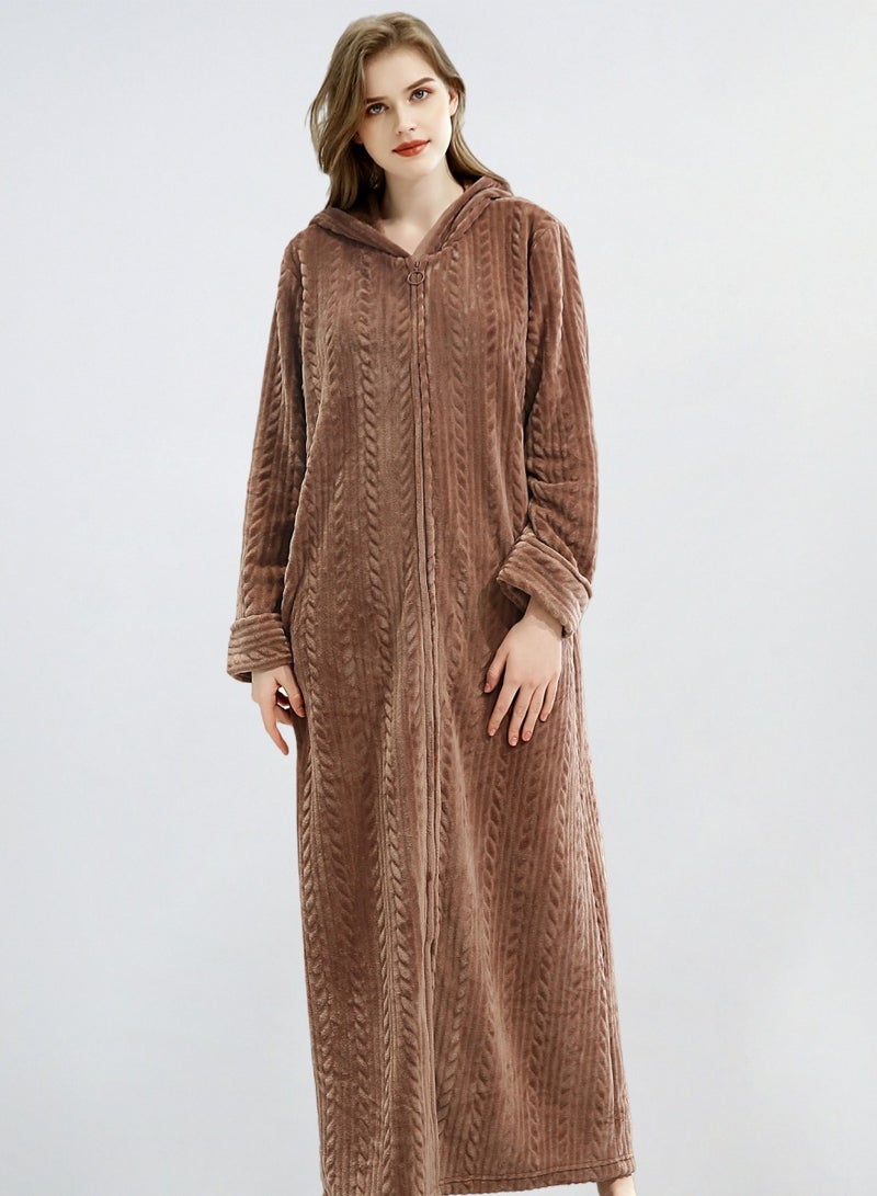 إسكدنيا جنس واحد الشتاء طويل سميكة زيبر فستان ليلي فلانيل غطاء رداء حمام بيجاما بني - Image 2