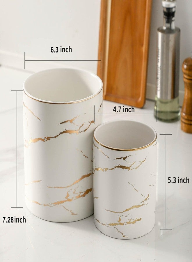 Howise 7"+5.3" Marble Utensil Holder, Large Kitchen Utensil Holder Organizer , Golden Marble White Stable Utensil Crock Spatula Holder for Kitchen Counter Countertop Farmhouse Cooking Tools Holder - Image 2