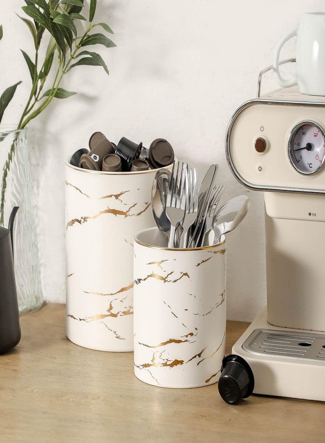 Howise 7"+5.3" Marble Utensil Holder, Large Kitchen Utensil Holder Organizer , Golden Marble White Stable Utensil Crock Spatula Holder for Kitchen Counter Countertop Farmhouse Cooking Tools Holder - Image 4
