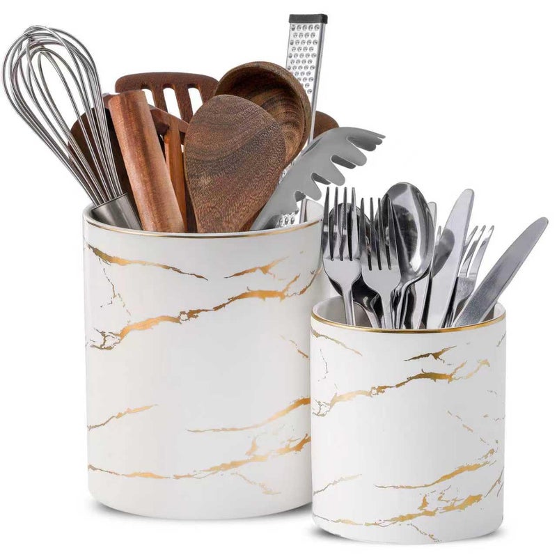 Howise 7"+5.3" Marble Utensil Holder, Large Kitchen Utensil Holder Organizer , Golden Marble White Stable Utensil Crock Spatula Holder for Kitchen Counter Countertop Farmhouse Cooking Tools Holder - Image 1