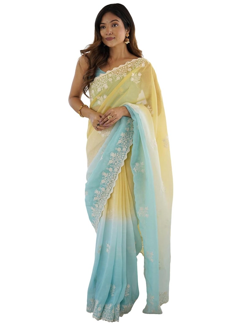 Sidhidata Women's Ombre Crunchy Chiffon Embroidered Saree with Unstitched Blouse Piece - Image 1