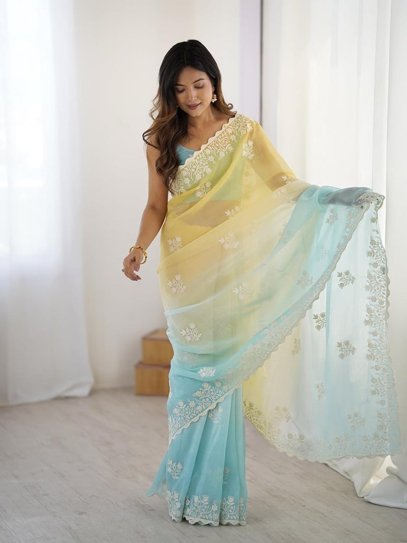 Sidhidata Women's Ombre Crunchy Chiffon Embroidered Saree with Unstitched Blouse Piece - Image 4