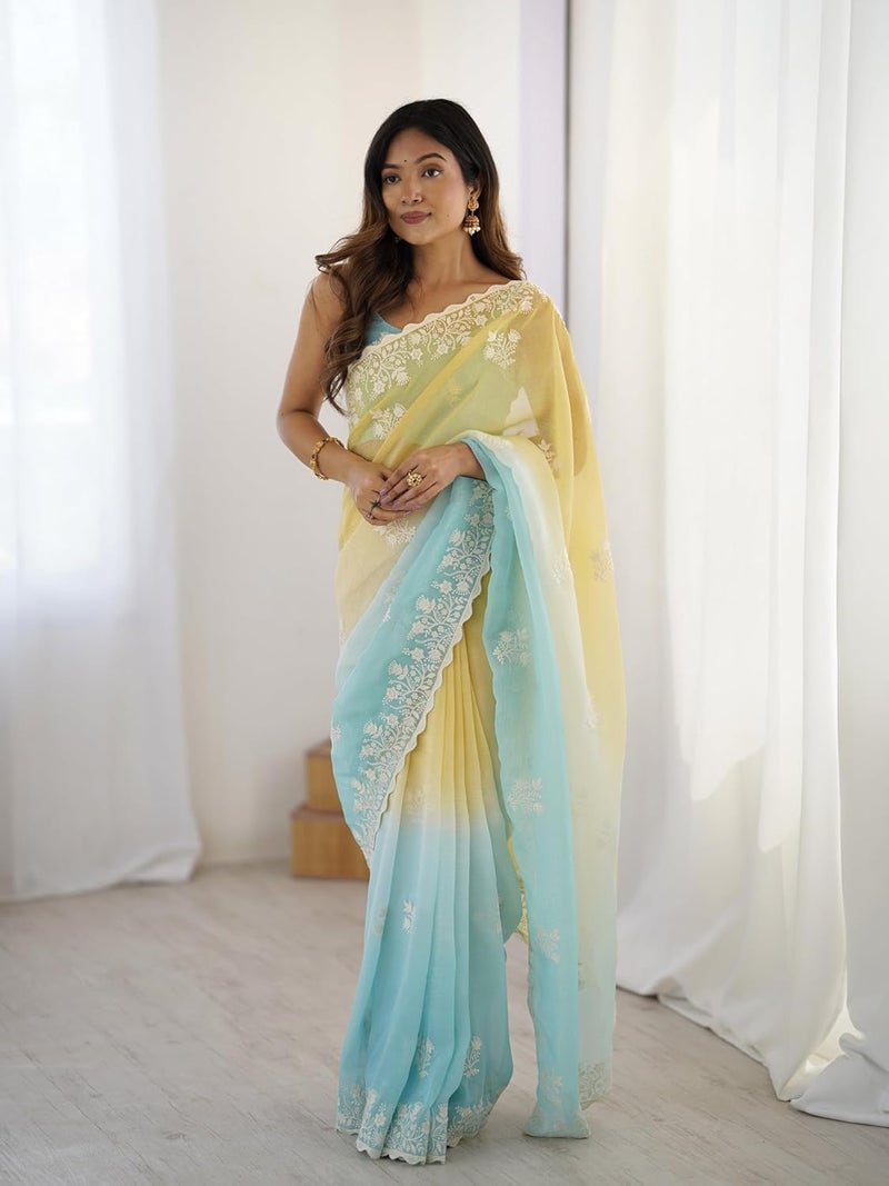 Sidhidata Women's Ombre Crunchy Chiffon Embroidered Saree with Unstitched Blouse Piece - Image 2