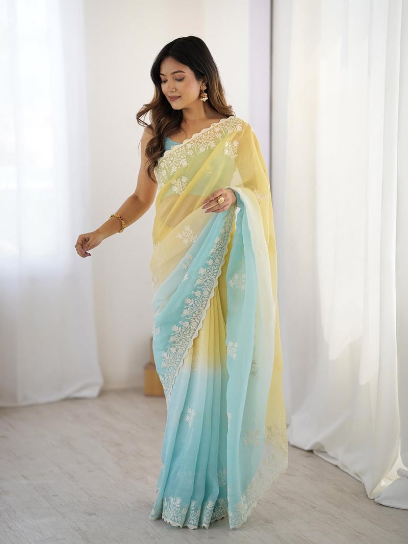 Sidhidata Women's Ombre Crunchy Chiffon Embroidered Saree with Unstitched Blouse Piece - Image 5