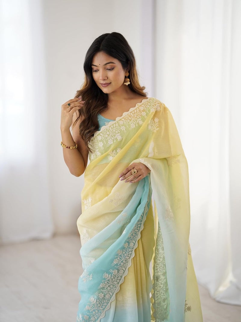 Sidhidata Women's Ombre Crunchy Chiffon Embroidered Saree with Unstitched Blouse Piece - Image 3