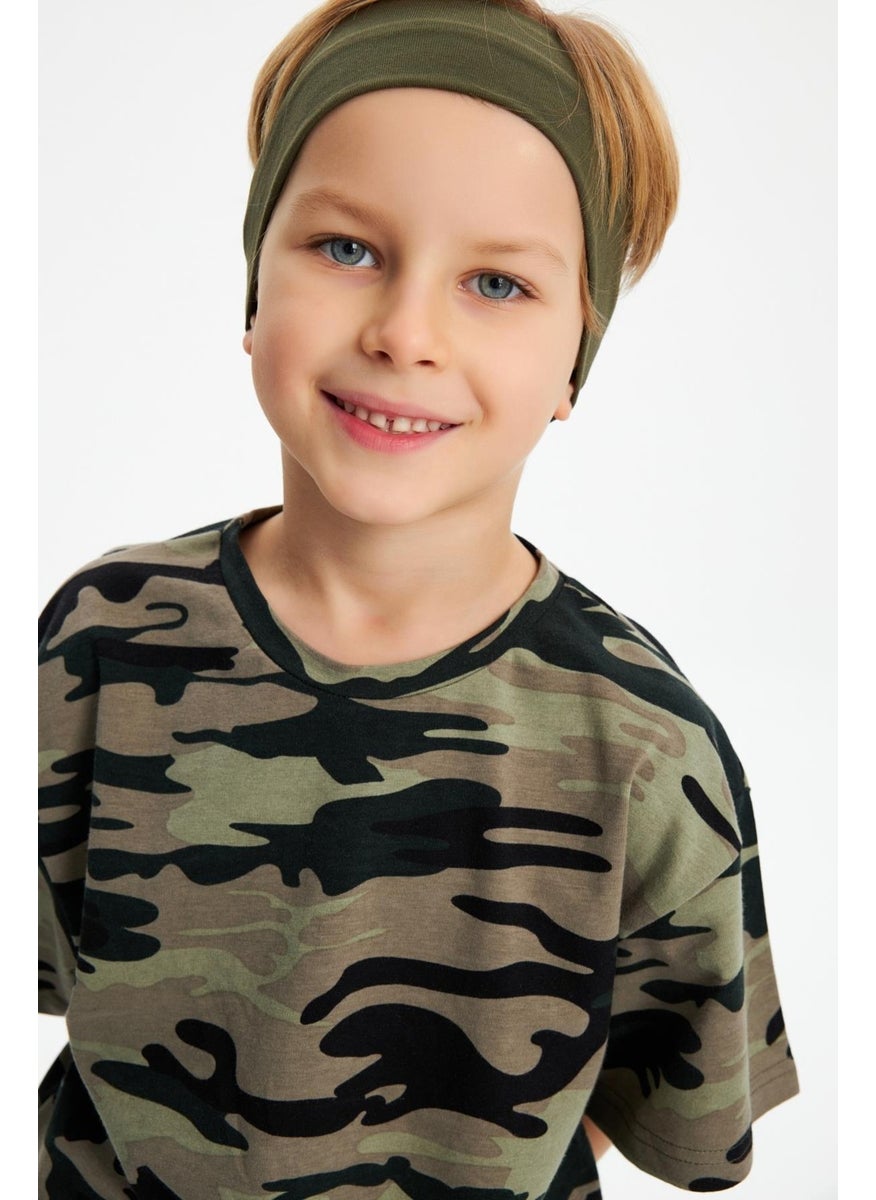 Babygiz Khaki-Camouflage Boy's Cotton Combed Oversize Camouflage T-Shirt Bandana Double Suit  - Image 1