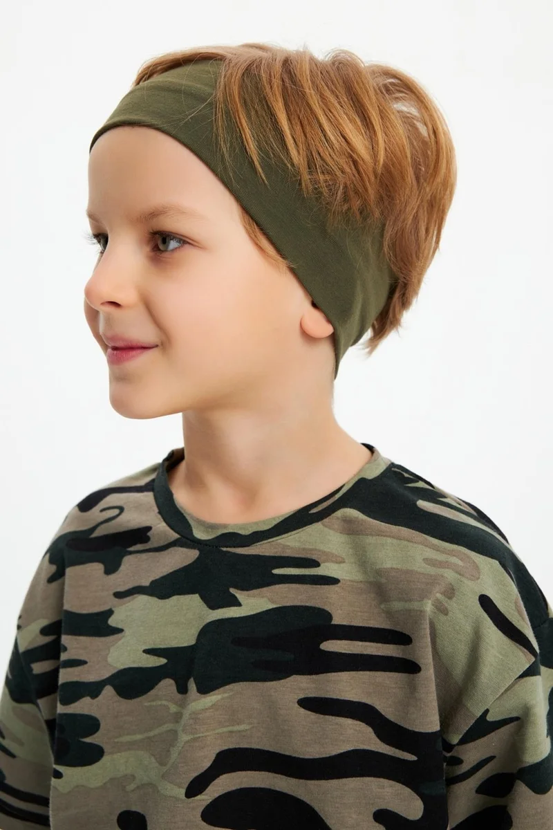 Babygiz Khaki-Camouflage Boy's Cotton Combed Oversize Camouflage T-Shirt Bandana Double Suit