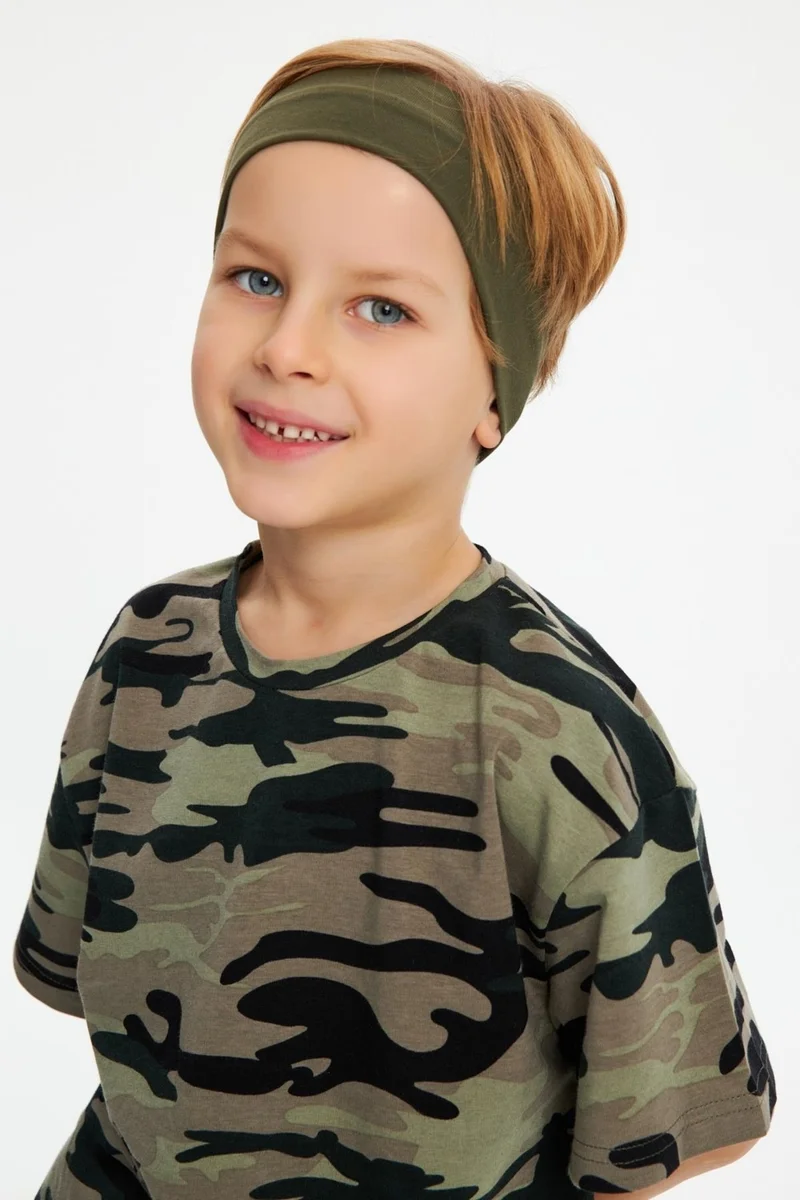 Babygiz Khaki-Camouflage Boy's Cotton Combed Oversize Camouflage T-Shirt Bandana Double Suit