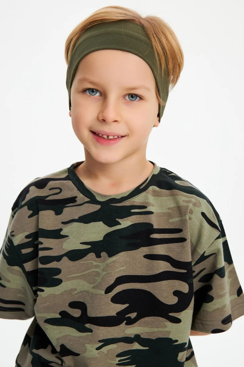 Babygiz Khaki-Camouflage Boy's Cotton Combed Oversize Camouflage T-Shirt Bandana Double Suit
