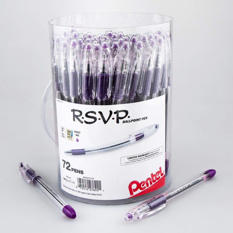 Pentel RSVP Ballpoint Pen 07mm Fine Line Violet Ink 72pk Canister BK90PC72V - Image 2
