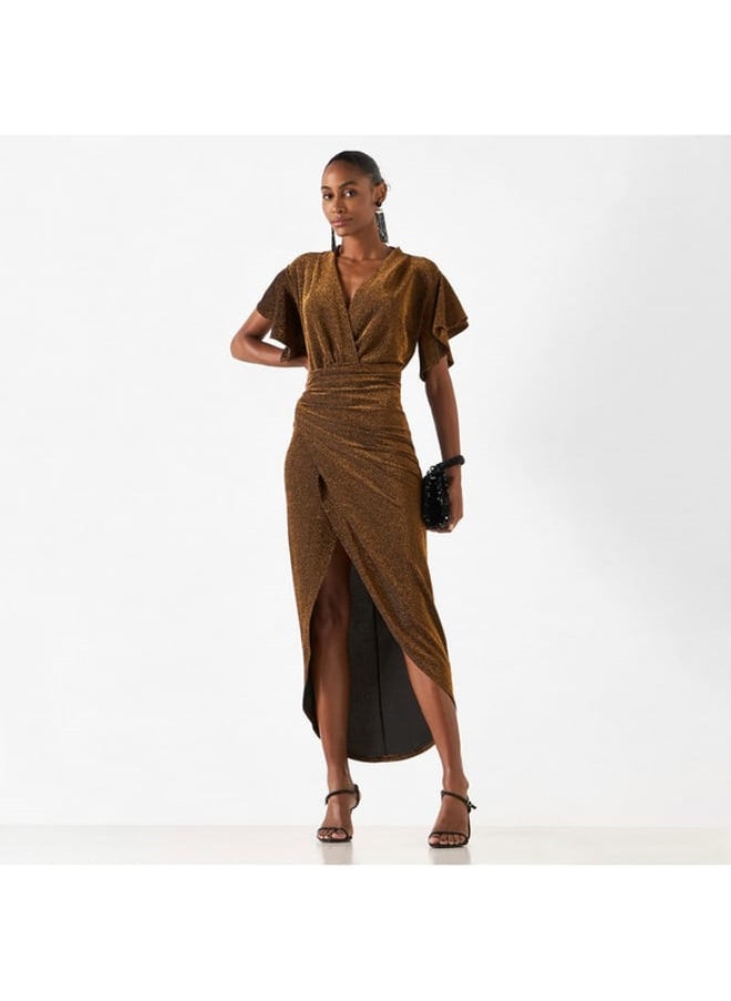 2Xtremz - 2Xtremz Textured Dress with V-neck and Flutter Sleeves - Image 1