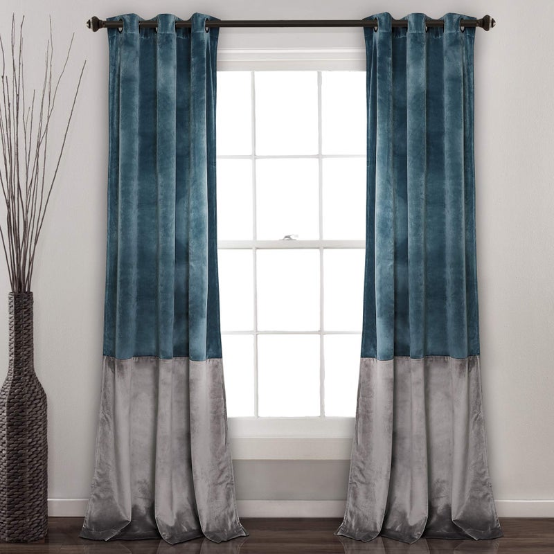 Lush Decor Prima Velvet Curtains Color Block Light Filtering Window Panel Set for Living, Dining, Bedroom (Pair), 38" W x 84" L, Slate Blue & Gray - Image 1