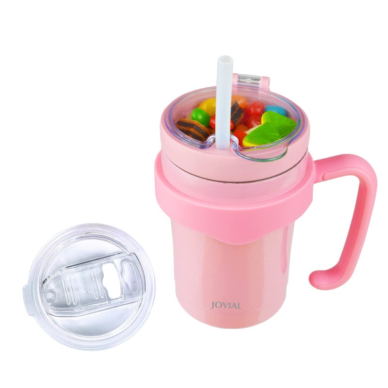JOVIAL All In One Toddler Cup With Snack Container, Straw and Handle, Stainless Steel Insulated Kid Snack Cup With Straw, Work As a 12 Oz Coffee Mug/ Milk Cup to Keep Cold or Hot for Hours-Glitter Pink - Image 1