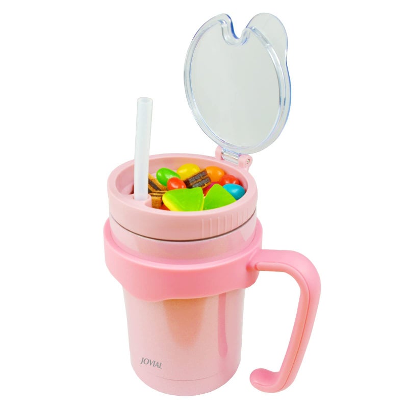 JOVIAL All In One Toddler Cup With Snack Container, Straw and Handle, Stainless Steel Insulated Kid Snack Cup With Straw, Work As a 12 Oz Coffee Mug/ Milk Cup to Keep Cold or Hot for Hours-Glitter Pink - Image 2